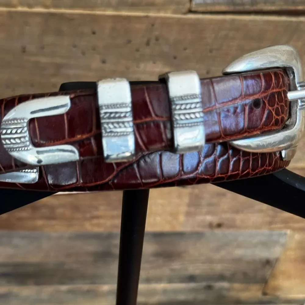 Brown Crocodile Embossed Belt with Silver Buckle